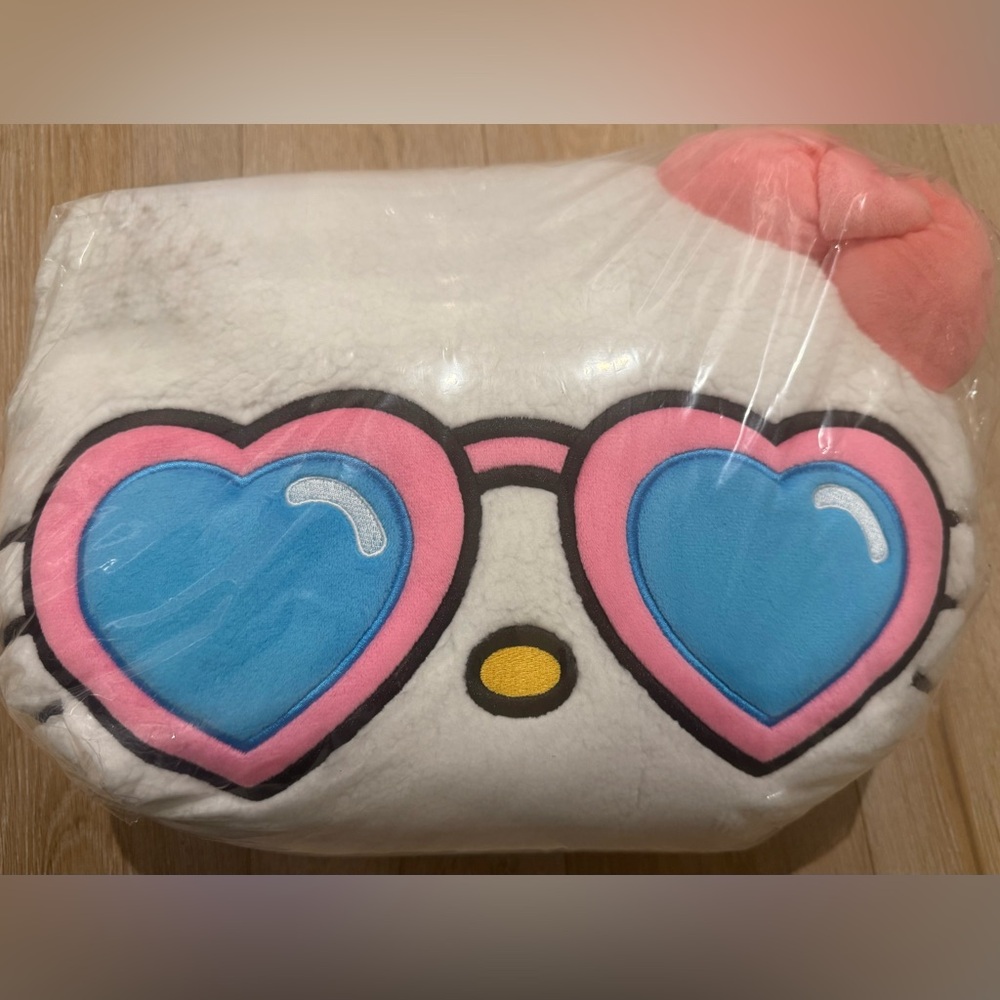 Hello Kitty White Plush Face Pillow W/Pink Bow and Blue Heart Sunglasses. NWT